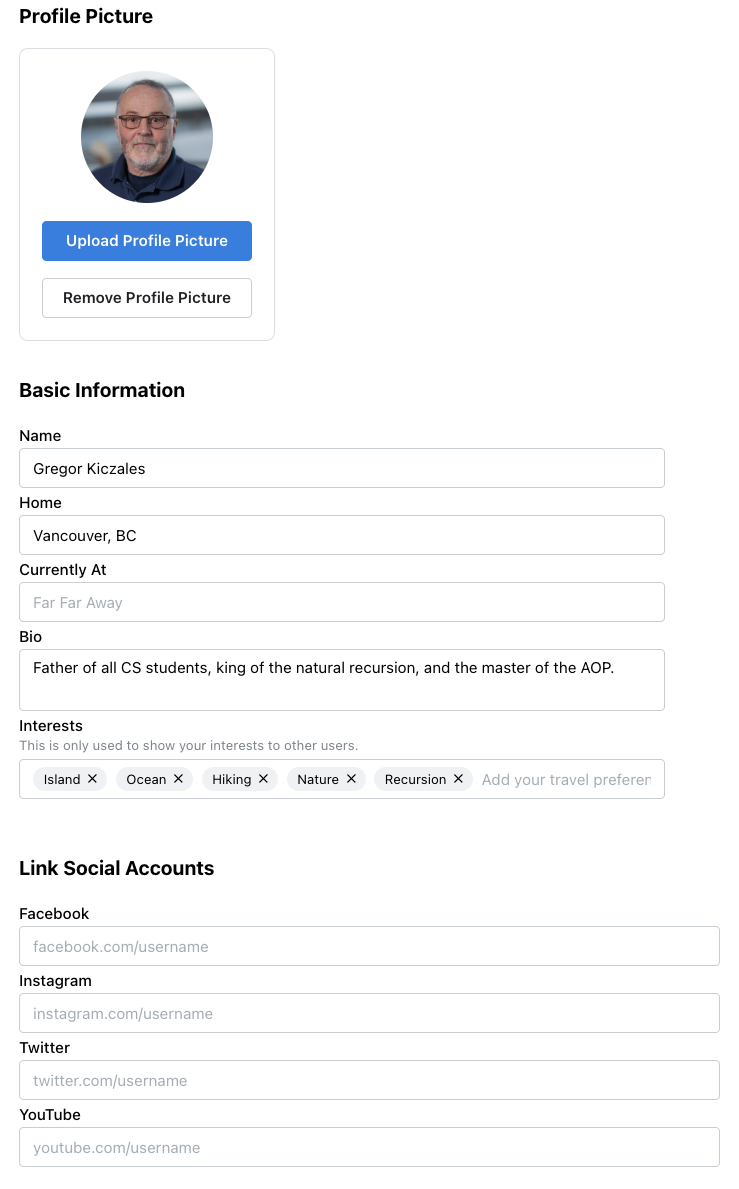 User Profile Settings Page